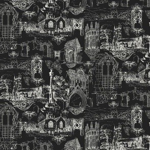 WALLPAPER - ETCHING - CHURCH RUINS - LINEN ON CHARCOAL