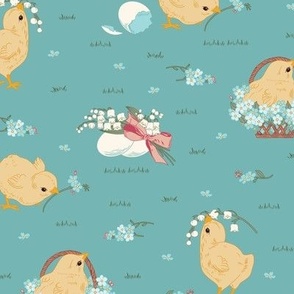 Medium Easter Spring Baby Chicks with Forget Me Nots and Lily of The Valley Flowers in Kingfisher Turquoise Teal  Background