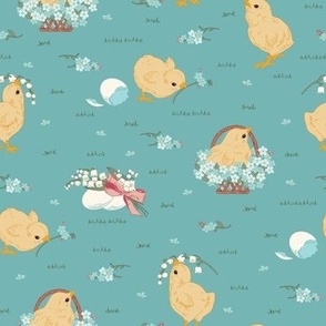 Small Easter Spring Baby Chicks with Forget Me Nots and Lily of The Valley Flowers in Kingfisher Turquoise Teal  Background