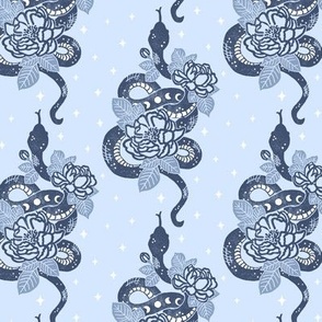 Celestial Desert Moon Snakes Navy Blue Block Print by Angel Gerardo - Large Scale