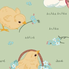 Large Easter Spring Baby Chicks with Forget Me Nots and Lily of The Valley Flowers in  Coriander Green  Background