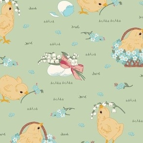 Medium Easter Spring Baby Chicks with Forget Me Nots and Lily of The Valley Flowers in  Coriander Green  Background