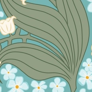 Large Art Nouveau Lily of the Valley and Forget Me Not Flowers with a Kingfisher Turquoise Teal Background