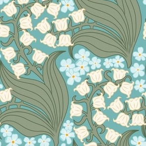 Medium Art Nouveau Lily of the Valley and Forget Me Not Flowers with a Kingfisher Turquoise Teal Background