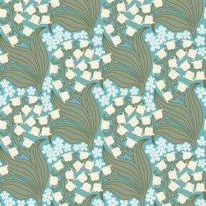 Small Art Nouveau Lily of the Valley and Forget Me Not Flowers with a Kingfisher Turquoise Teal Background