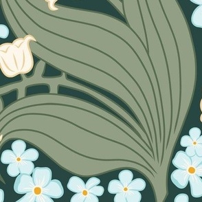 Large Art Nouveau Lily of the Valley and Forget Me Not Flowers with a Platoon Dark Green Background