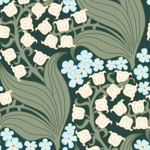 Medium Art Nouveau Lily of the Valley and Forget Me Not Flowers with a Platoon Dark Green Background