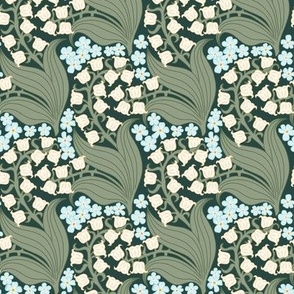 Small Art Nouveau Lily of the Valley and Forget Me Not Flowers with a Platoon Dark Green Background