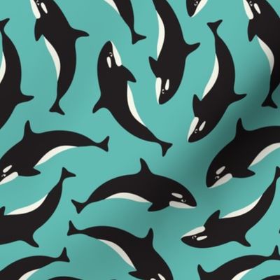 Wild West Coast Orca Whales Ocean Life in Black and White on Aqua - SMALL Scale - UnBlink Studio by Jackie Tahara
