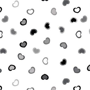 Scattered Black and gray hearts on a white (unprinted) background