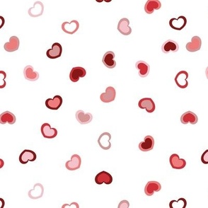 Scattered Red to pink ombre hearts on a white (unprinted) background