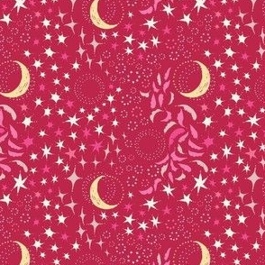 Moon Among the Stars - Ditsy Scale - Viva Magenta Yellow Pink - night sky constellations