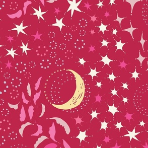 Moon Among the Stars - Large Scale - Viva Magenta Yellow Pink - night sky constellations