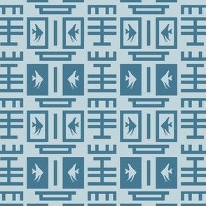 geometric chinoiserie with fishes in teal and light blue | small