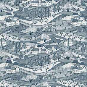 back to the village modern toile - navy blue (small scale)