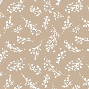 Little berry branches - boho botanical raw sketch freehand minimalist garden design white on latte beige  