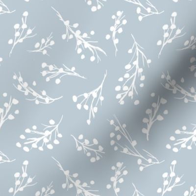 Little berry branches - boho botanical raw sketch freehand minimalist garden design white on moody blue  