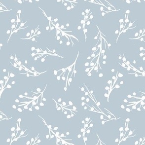 Little berry branches - boho botanical raw sketch freehand minimalist garden design white on moody blue  