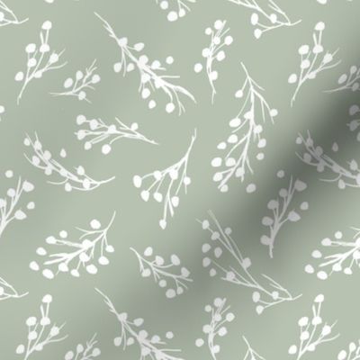 Little berry branches - boho botanical raw sketch freehand minimalist garden design white on sage green