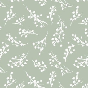 Little berry branches - boho botanical raw sketch freehand minimalist garden design white on sage green