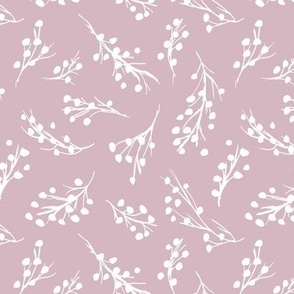 Little berry branches - boho botanical raw sketch freehand minimalist garden design white on mauve pink