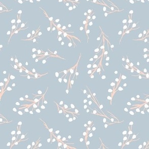 Little berry branches - boho botanical raw sketch freehand minimalist garden design white blush on blue