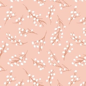 Little berry branches - boho botanical raw sketch freehand minimalist garden design white sienna on blush pink