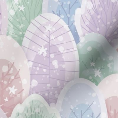 Pastel fairytale forest with stars and snow. Small scale. Girls fairytale bedding. Light.