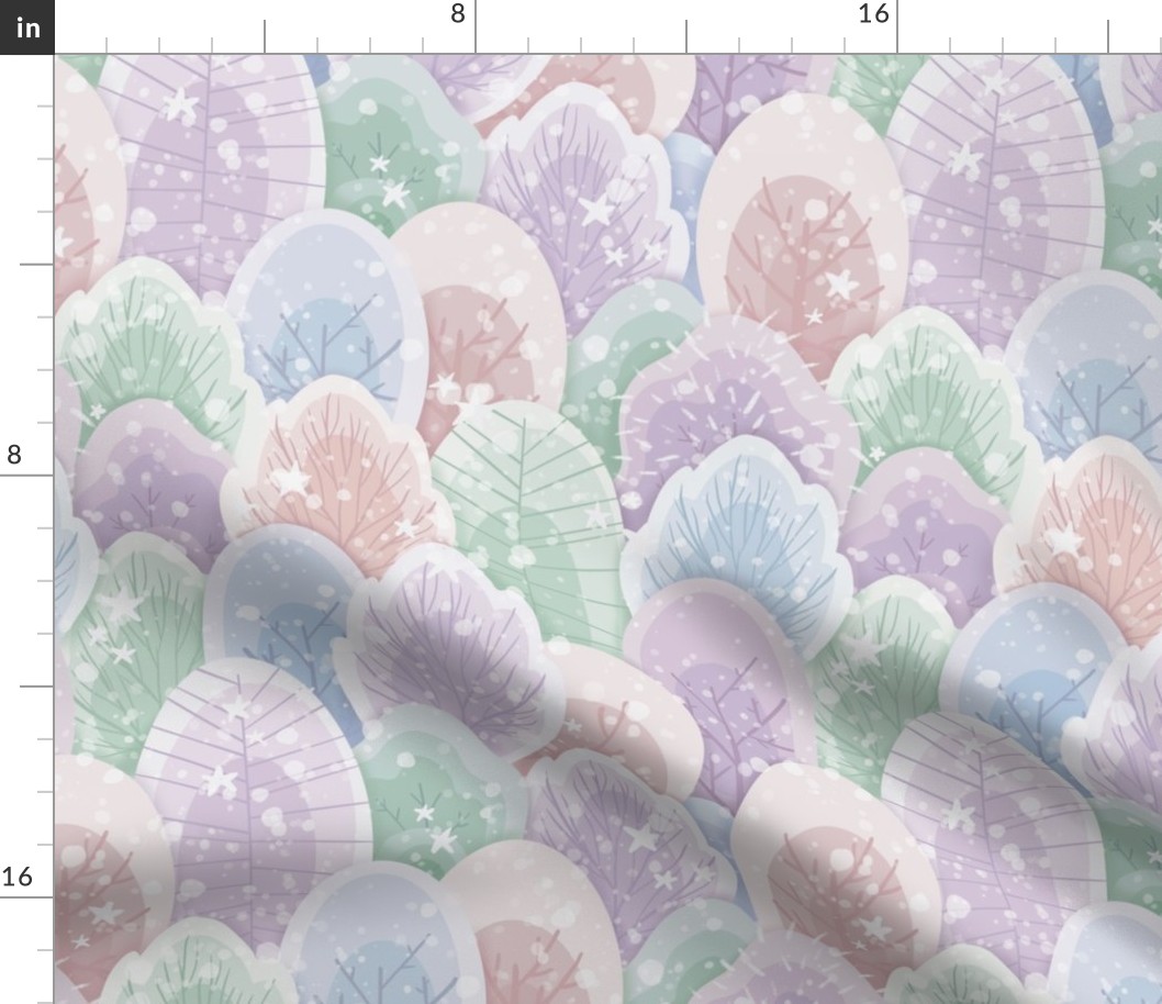 Pastel fairytale forest with stars and snow. Small scale. Girls fairytale bedding. Light.