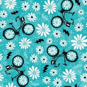Medium Scale Daisies and Ebikes Electric Bicycles Cycling Daisy Flowers on Turquoise