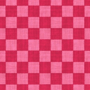 Textured Check - Medium Scale - Viva Magenta and Hot Pink - Linen Ikat fabric texture Checkers Checkerboard 2023 Pantone