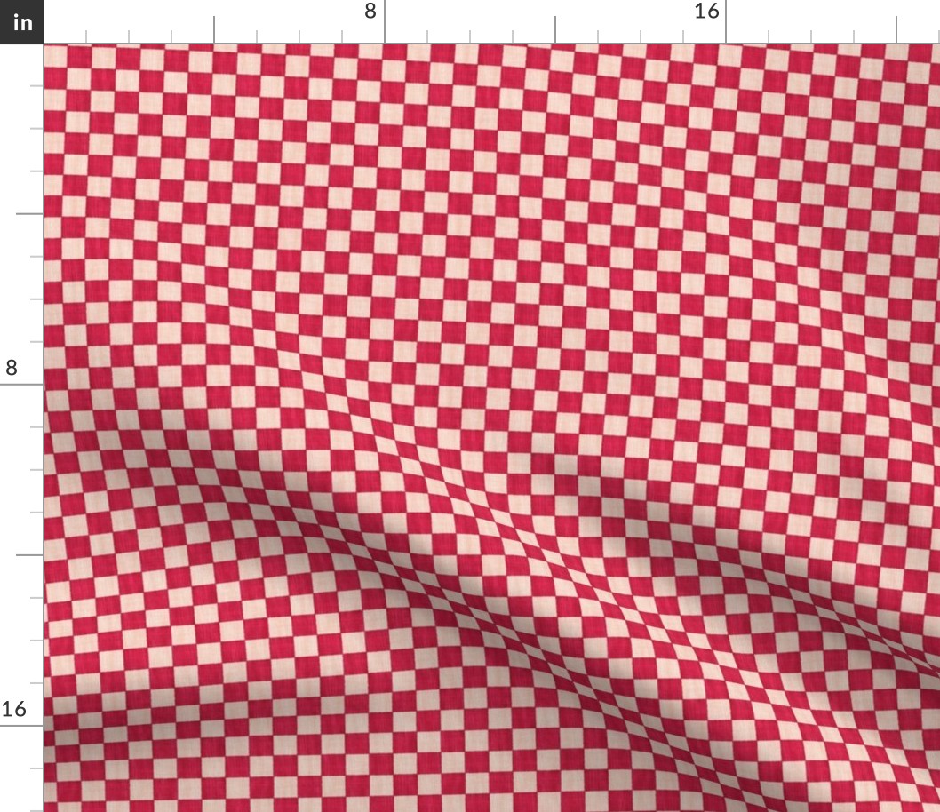 Textured Check - Ditsy Scale - Viva Magenta and Beige - Linen Ikat fabric texture Checkers Checkerboard 2023 Pantone