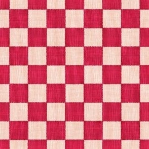 Textured Check - Small Scale - Viva Magenta and Beige - Linen Ikat fabric texture Checkers Checkerboard 2023 Pantone