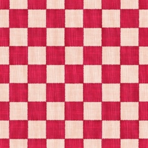textured Check - Medium Scale - Viva Magenta and Beige - Linen Ikat fabric texture Checkers Checkerboard 2023 Pantone
