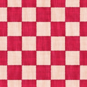 Textured Check - Large Scale - Viva Magenta and Beige - Linen Ikat fabric texture Checkers Checkerboard 2023 Pantone