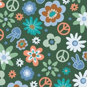 Floral peace sign boho retro design in teal