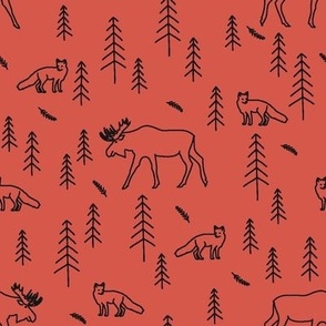 Winter Woodland Animals in Bright Coral Red