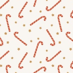 Christmas sugar canes and stars in red, pink and tan on cream