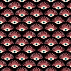 Art Deco Evil Eye - Coral + Teal on Black - MEDIUM