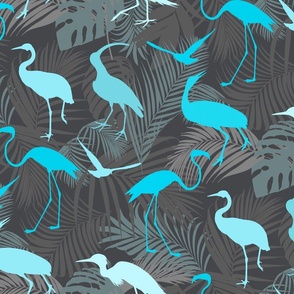 Exotic Cranes And Heron Birds With Palm Leaves Turquoise And Grey