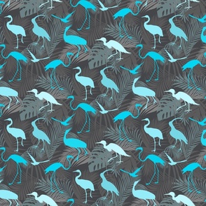 Exotic Cranes And Heron Birds With Palm Leaves Turquoise And Grey Smaller Scale