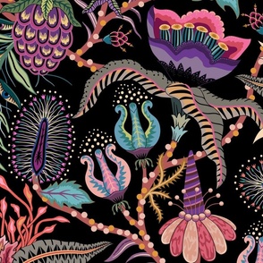 Otherworldly Botanicals - bright, quirky, large flowers and vines - black - jumbo