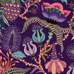 Otherworldly Botanicals - bright, quirky, large flowers and vines - royal purple - jumbo