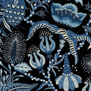 Otherworldly Botanicals - bright, quirky, large flowers and vines - black, blue, cream monochrome - jumbo