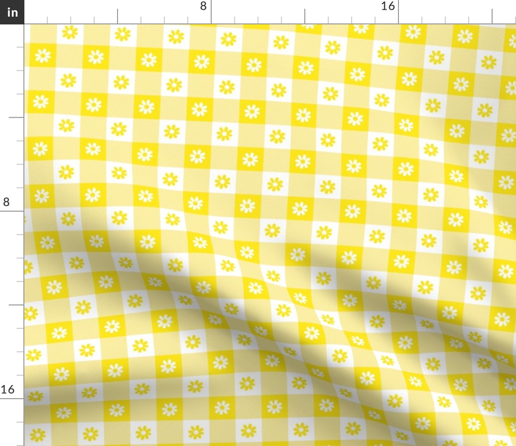 Lemon Lime  and White Gingham Floral Check with Center Floral Medallions in Lemon lime and White