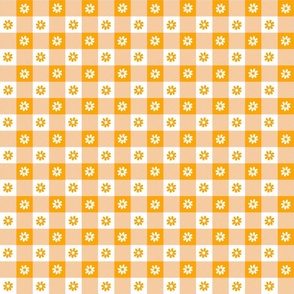 Marigold  and White Gingham Floral Check with Center Floral Medallions in Marigold and White