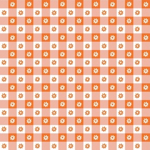 Carrot  and White Gingham Floral Check with Center Floral Medallions in Carrot and White
