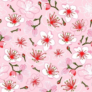 Cherry Blossoms Tossed on Pink - (same colours used in  Cherry Blossom and Flamingo Collection)