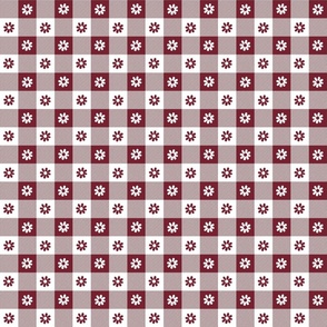 Wine  and White Gingham Floral Check with Center Floral Medallions in Wine and White