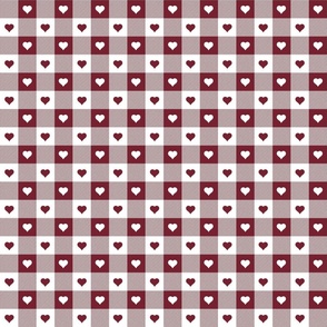 Wine and White Gingham Valentines Check with Center Heart Medallions in Wine and White